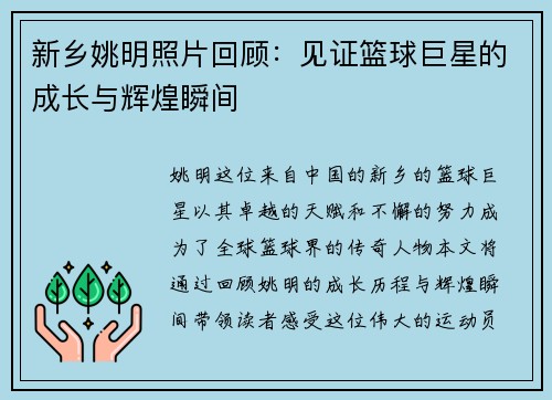 新乡姚明照片回顾：见证篮球巨星的成长与辉煌瞬间